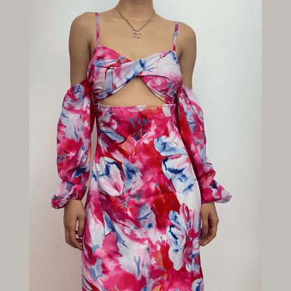 Long sleeve contrast off shoulder hollow out flower print midi dress