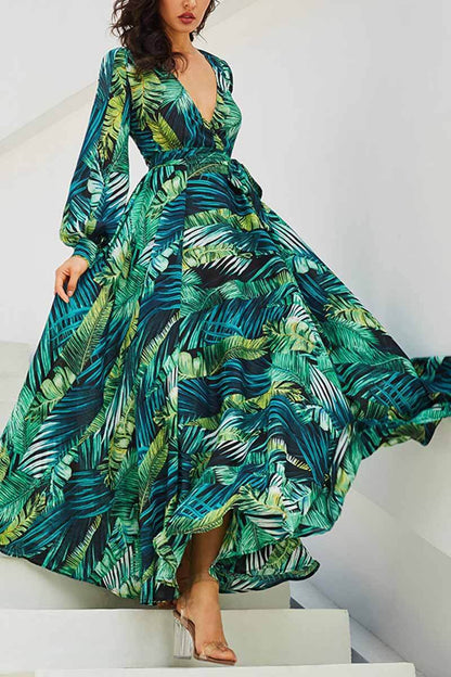 CityHottie V-Neck Leaf Print Maxi Dress