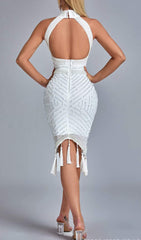 THALIY PEARL FRINGED MIDI DRESS - WHITE