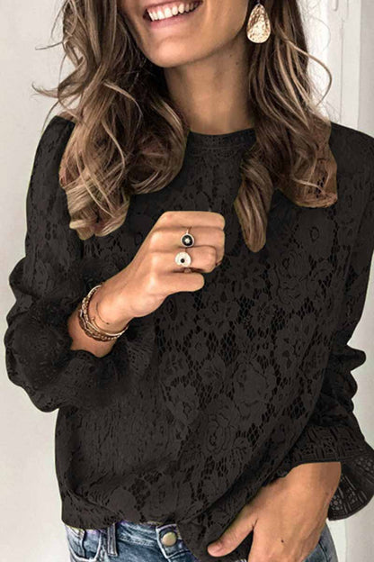 Long Sleeve Openwork Lace Blouse(5 Colors)