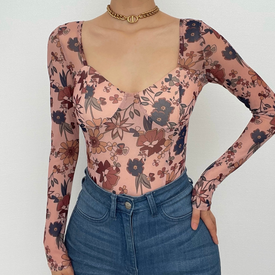 Sheer mesh flower pattern print contrast long sleeve bodysuit