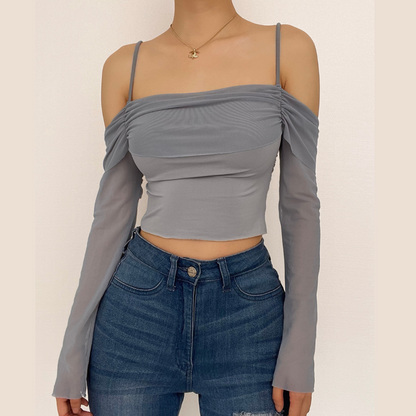 Ruched off shoulder mesh long sleeve crop cami top