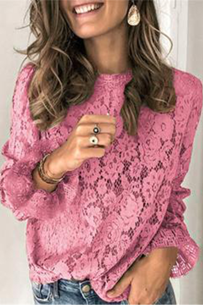 Long Sleeve Openwork Lace Blouse(5 Colors)