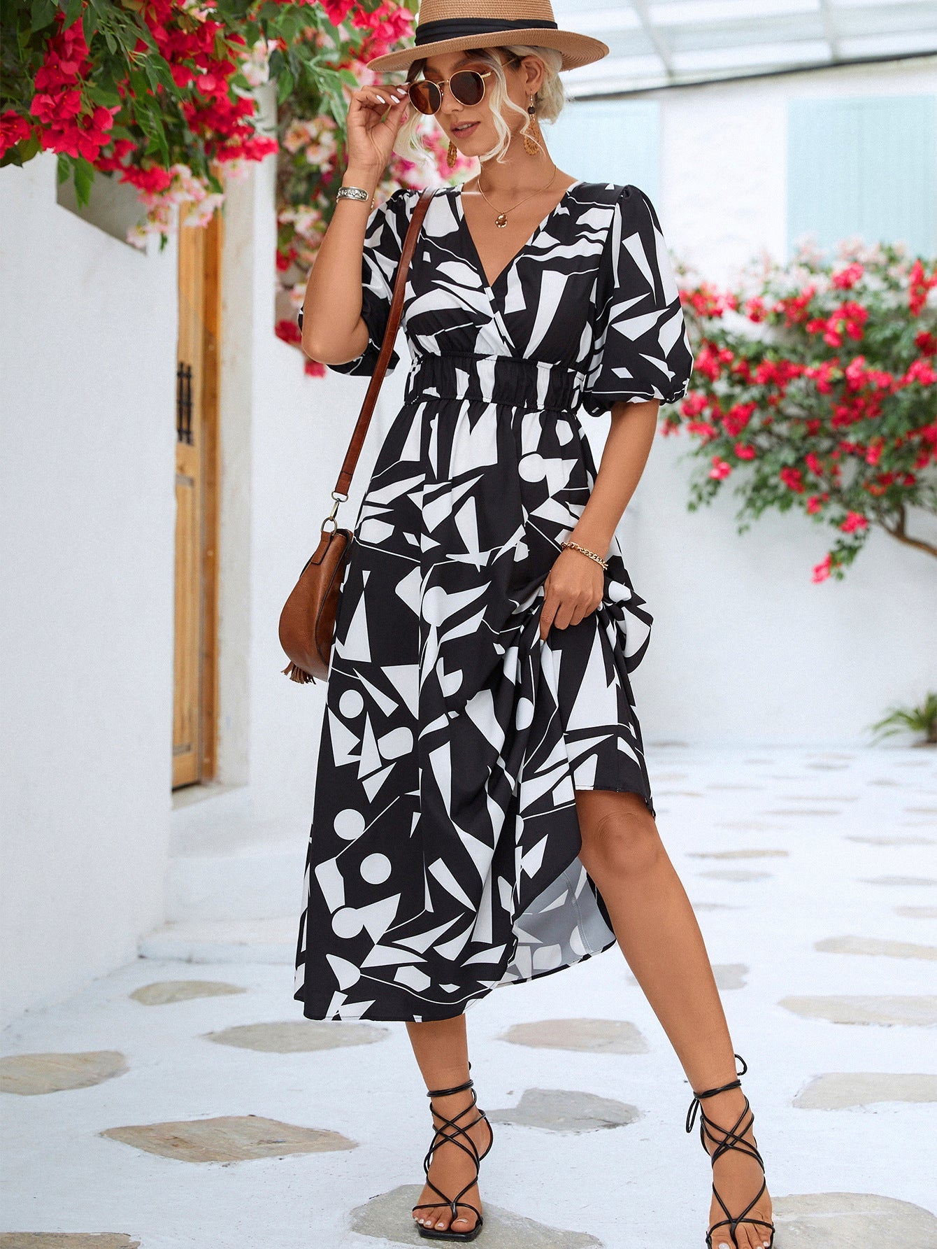 Printed Surplice Balloon Sleeve Dress Black casual dress casual dresses clothes dress dresses midi dress midi dresses Ship From Overseas YO