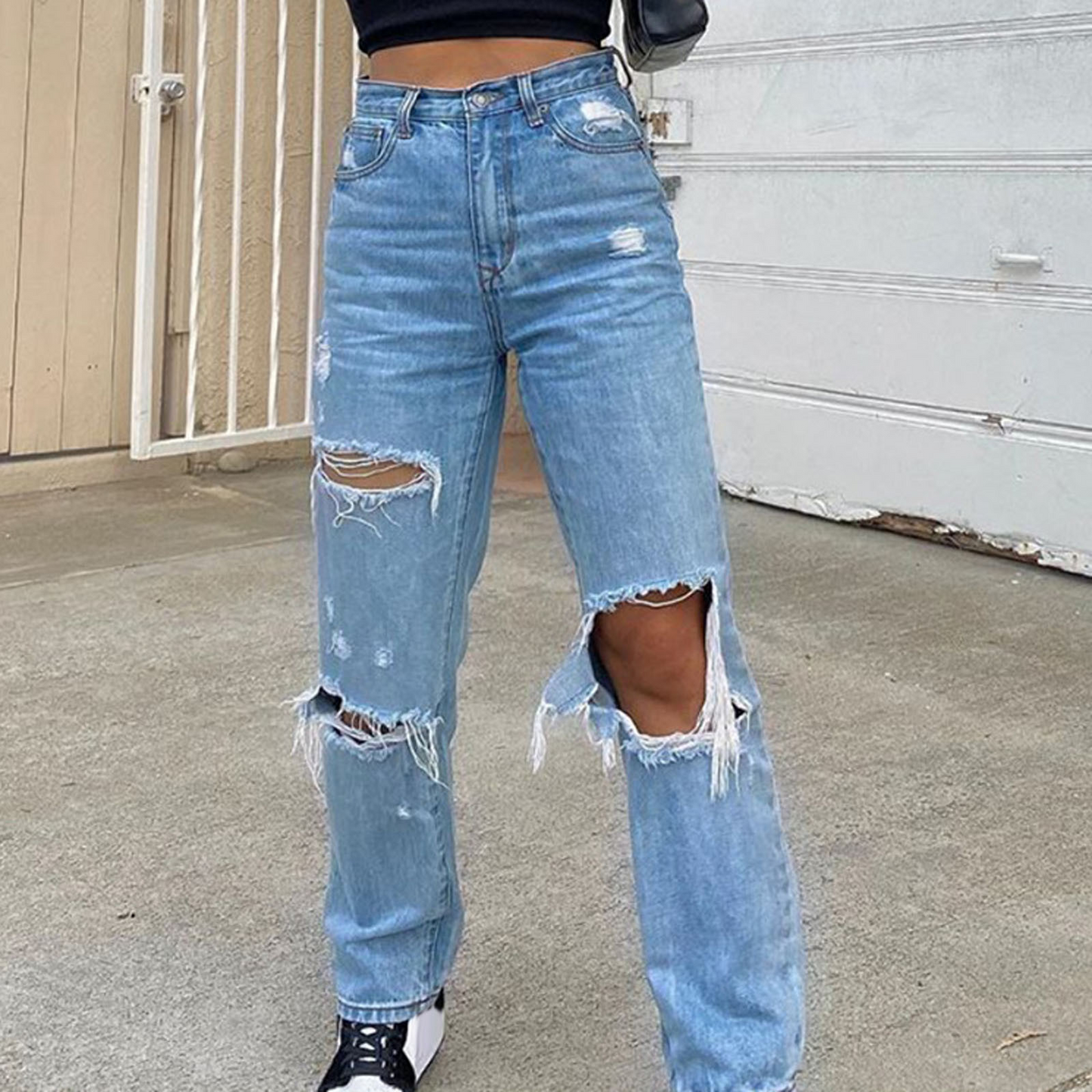 CityHottie - Baggy Jeans Straight Leg Ripped Jeans For Women Fashion Loose High Streetwear Women High Waist Pants Hole Boyfriend Trousers