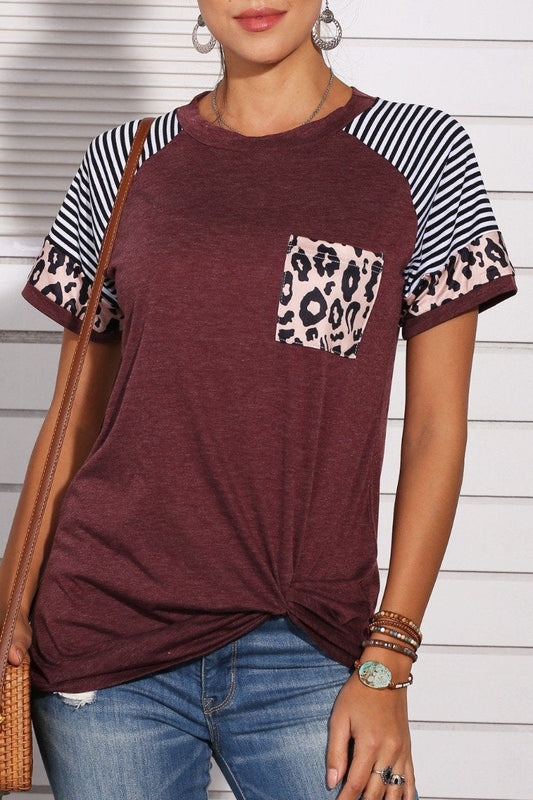 CityHottie Patchwork Leopard Striped Wine Red T-shirt