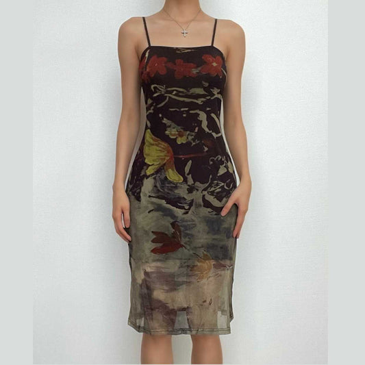 Mesh abstract print square neck contrast cami midi dress