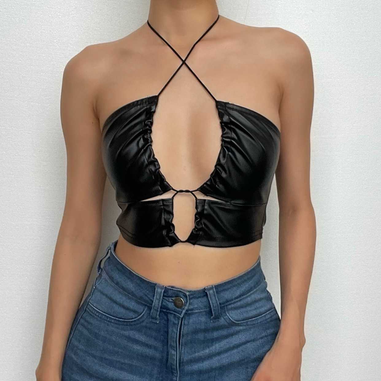 PU drawstring halter 2-way ruched backless solid tube top