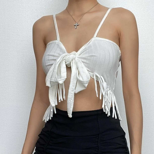 Irregular backless tassels self tie solid cami crop top - Final Sale