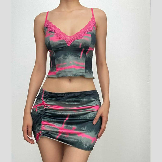 Tie dye v neck lace hem ruched cami mini skirt set