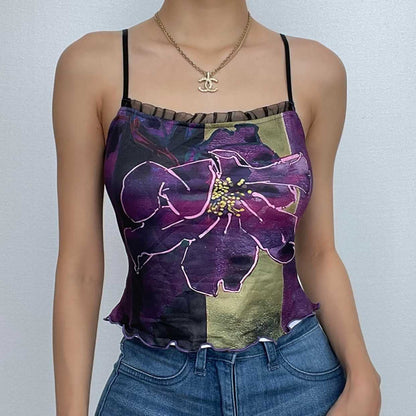 Ruffle flower print contrast square neck backless cami crop top - Final Sale