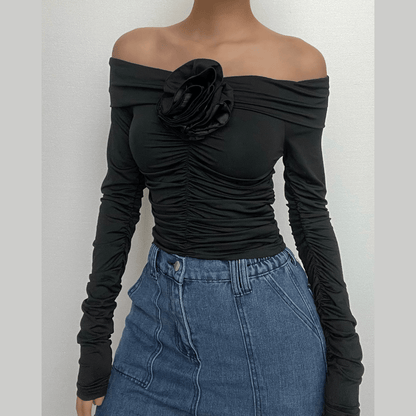 Long sleeve solid off shoulder flower applique ruched top