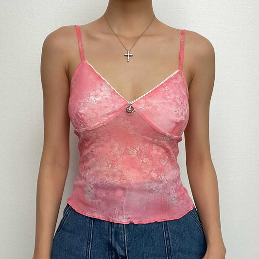 Sheer mesh see through v neck flower print ruffle cami crop top