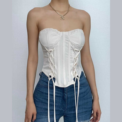 Ruffle solid lace up corset self tie backless tube top