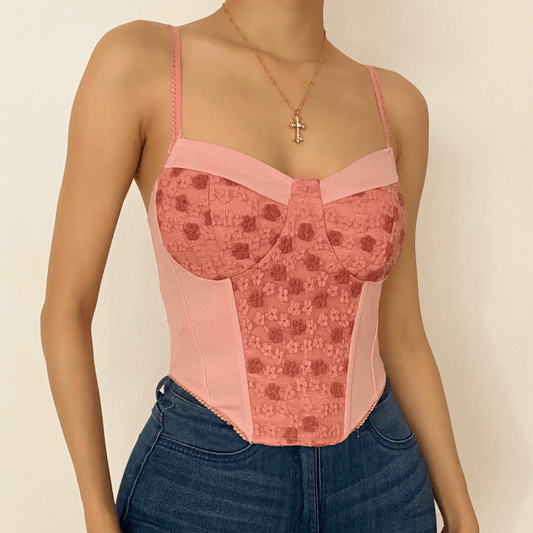 Floral embroidered patchwork cami corset top - Halibuy