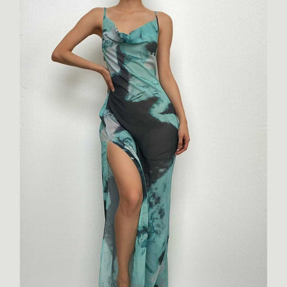 Slit chiffon tie dye contrast backless cowl neck cami maxi dress