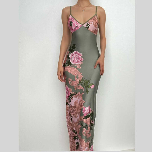 Flower print contrast v neck backless cami maxi dress