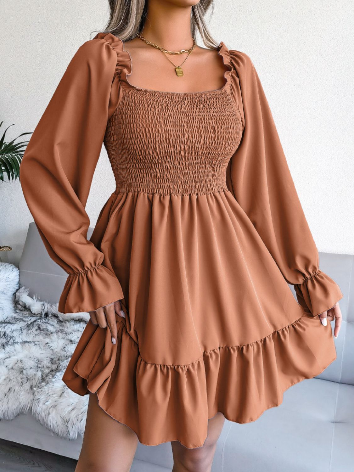 Smocked Flounce Sleeve Square Neck Dress Ochre B.J.S casual dress casual dresses clothes dresses Hundredth long sleve dresses midi dresses Ship From Overseas trend trends