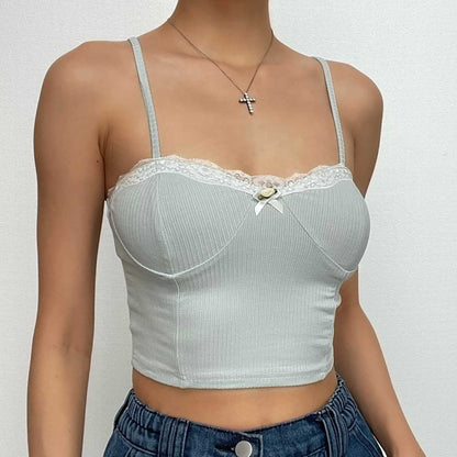 Lace hem ribbed contrast backless cami crop top