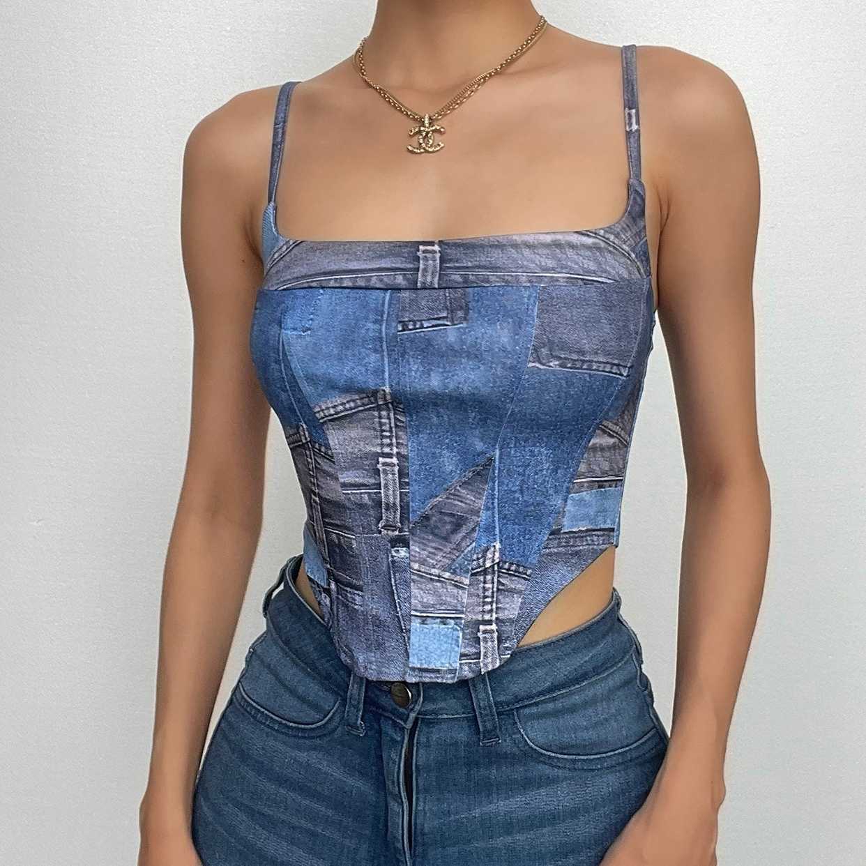 Backless square neck denim print contrast cami top