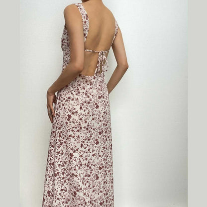 Contrast flower print slit irregular backless midi dress