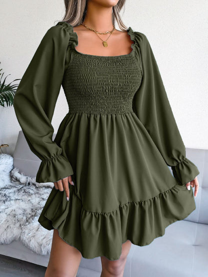 Smocked Flounce Sleeve Square Neck Dress Olive B.J.S casual dress casual dresses clothes dresses Hundredth long sleve dresses midi dresses Ship From Overseas trend trends