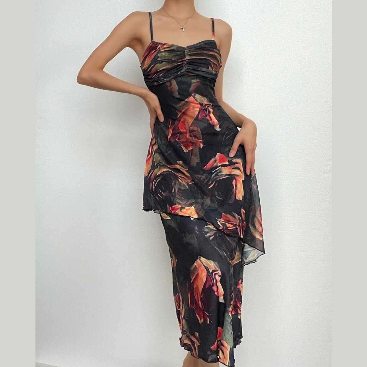 Flower print contrast ruched backless irregular cami midi dress - Final Sale