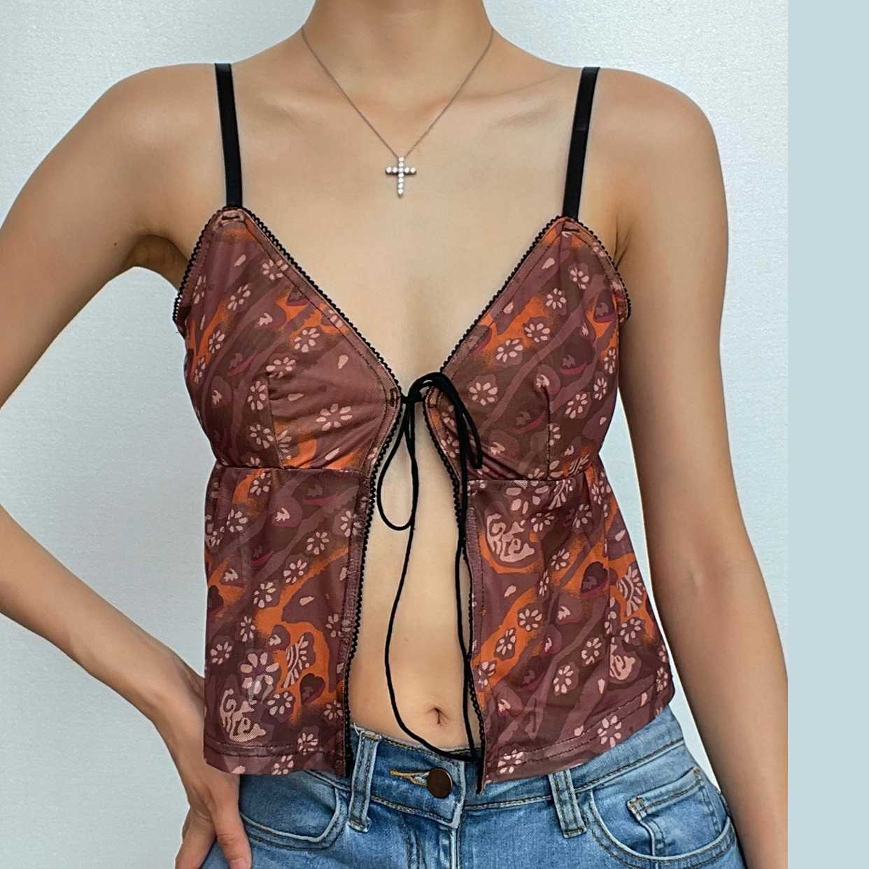 Mesh flower print self tie backless v neck cami crop top - Final Sale