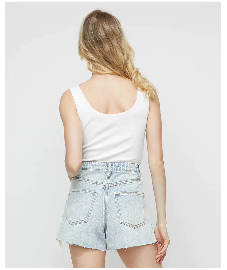 DENIM HIGH WAIST ABRASION IRREGULAR BURRS SHORTS