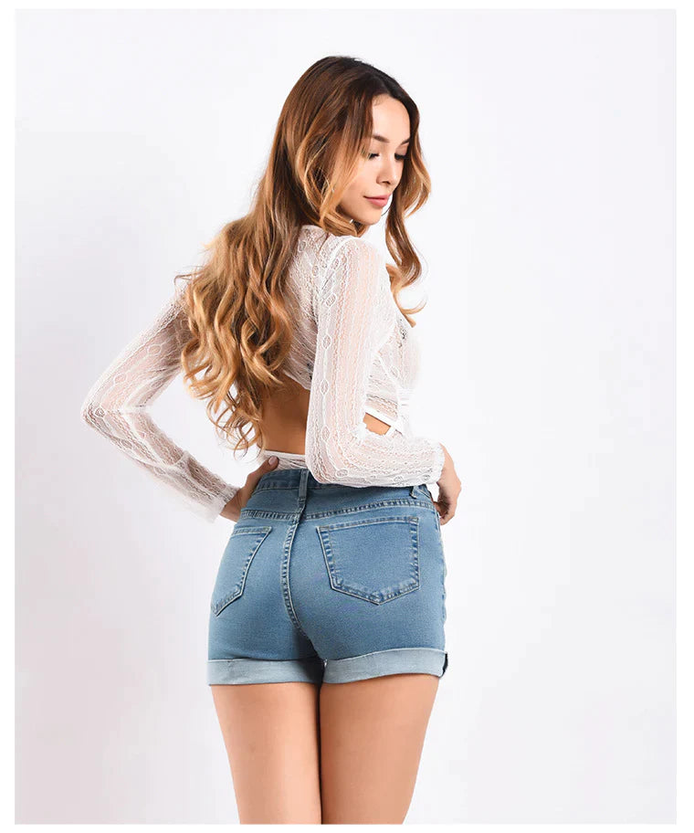 FLANGED HIGH WAIST SHORTS JEANS