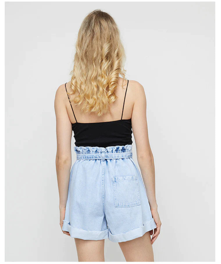 ELASTIC WAIST HEM WIDE LEG DENIM SHORTS