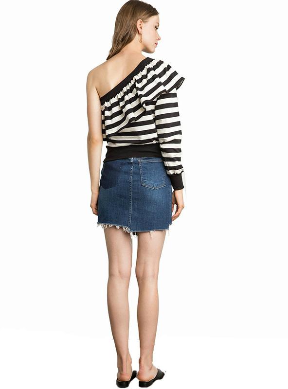 STRIPE WOMEN T-SHIRTS OFF SHOULDER RUFFLES