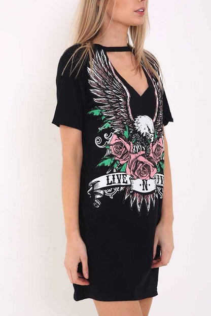 CityHottie Women's Choker Cutout V-Neck Eagle Printed Short Sleeve Mini T-Shirt Dress