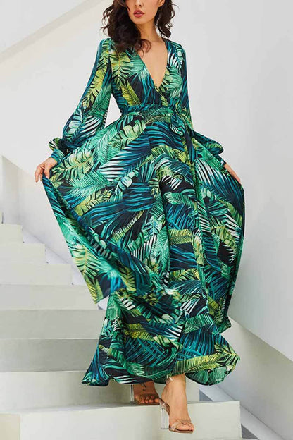 CityHottie V-Neck Leaf Print Maxi Dress