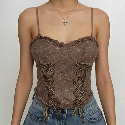 Lace button bustier lace up sweetheart neck cami crop top - Final Sale