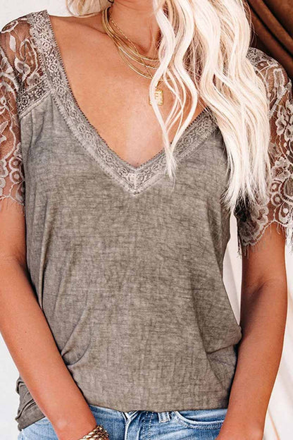 CityHottie New Women's Lace Short Sleeve V-Neck Tops