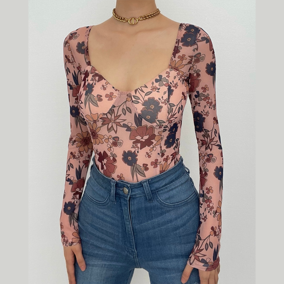 Sheer mesh flower pattern print contrast long sleeve bodysuit