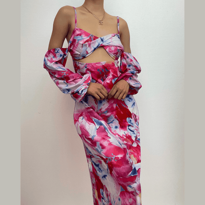 Long sleeve contrast off shoulder hollow out flower print midi dress