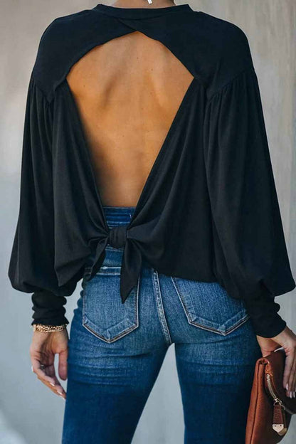 Lantern Sleeve Cutout Open Back Tie Detail Blouse