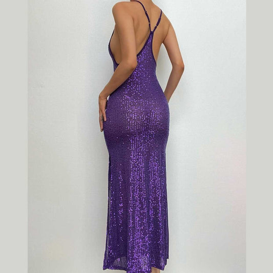 Glitter u neck see through backless cami maxi dress