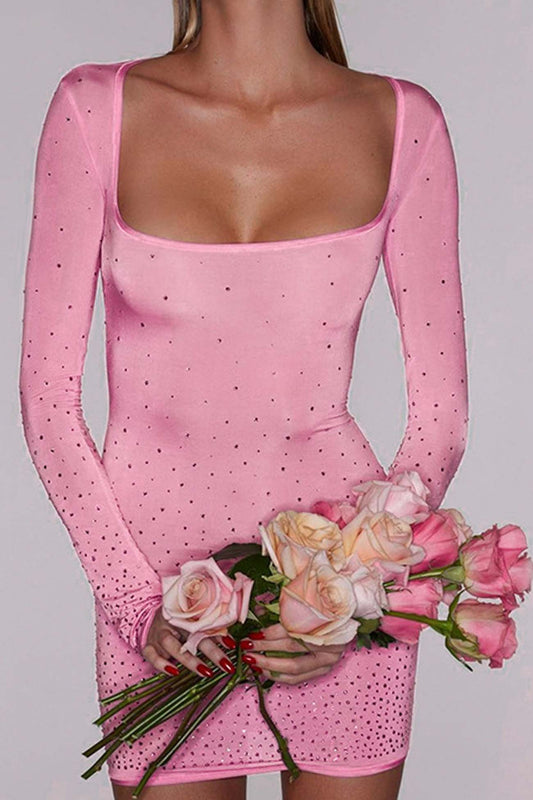 Pink Rhinestone U Neck Mini dress