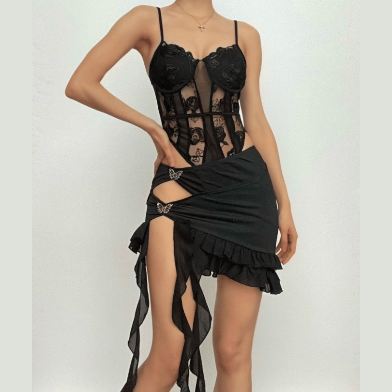 Lace patchwork solid v neck mesh cami bodysuit