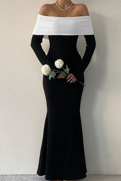 Contrast Off Shoulder Maxi Dress