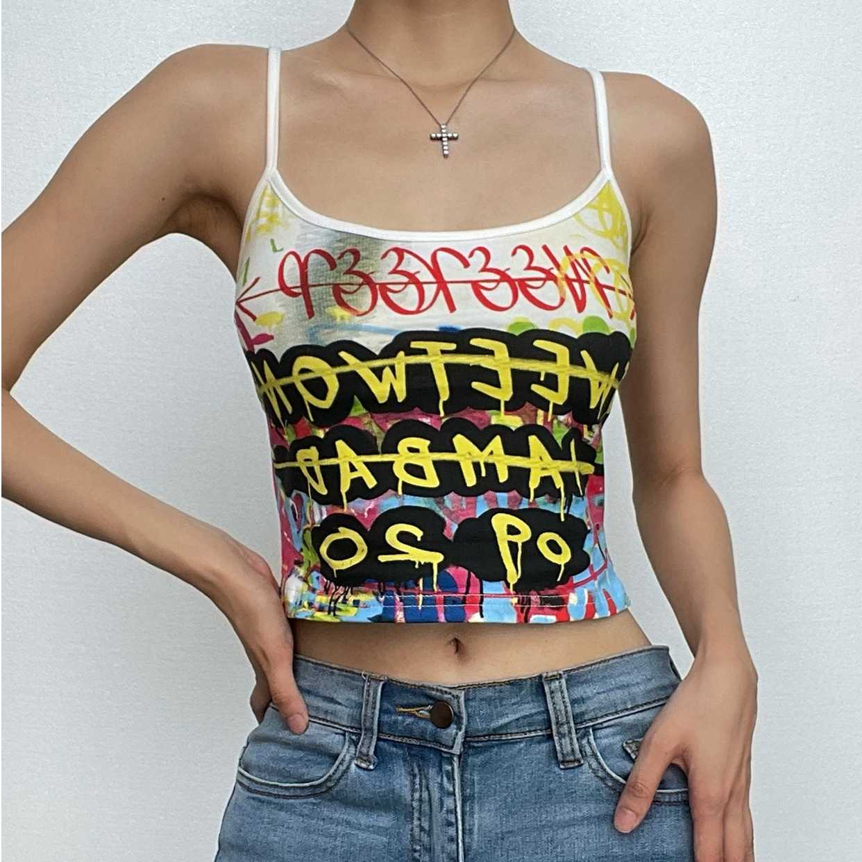 Letter print contrast u neck backless cami crop top - Final Sale