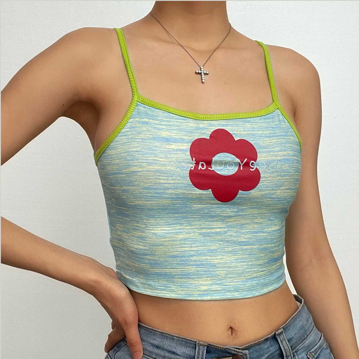 Flower pattern contrast square neck cami crop top - Final Sale