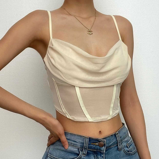 Cowl neck solid mesh ruched backless cami crop top