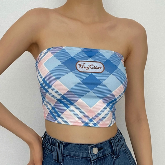 Embroidery contrast plaid backless tube top