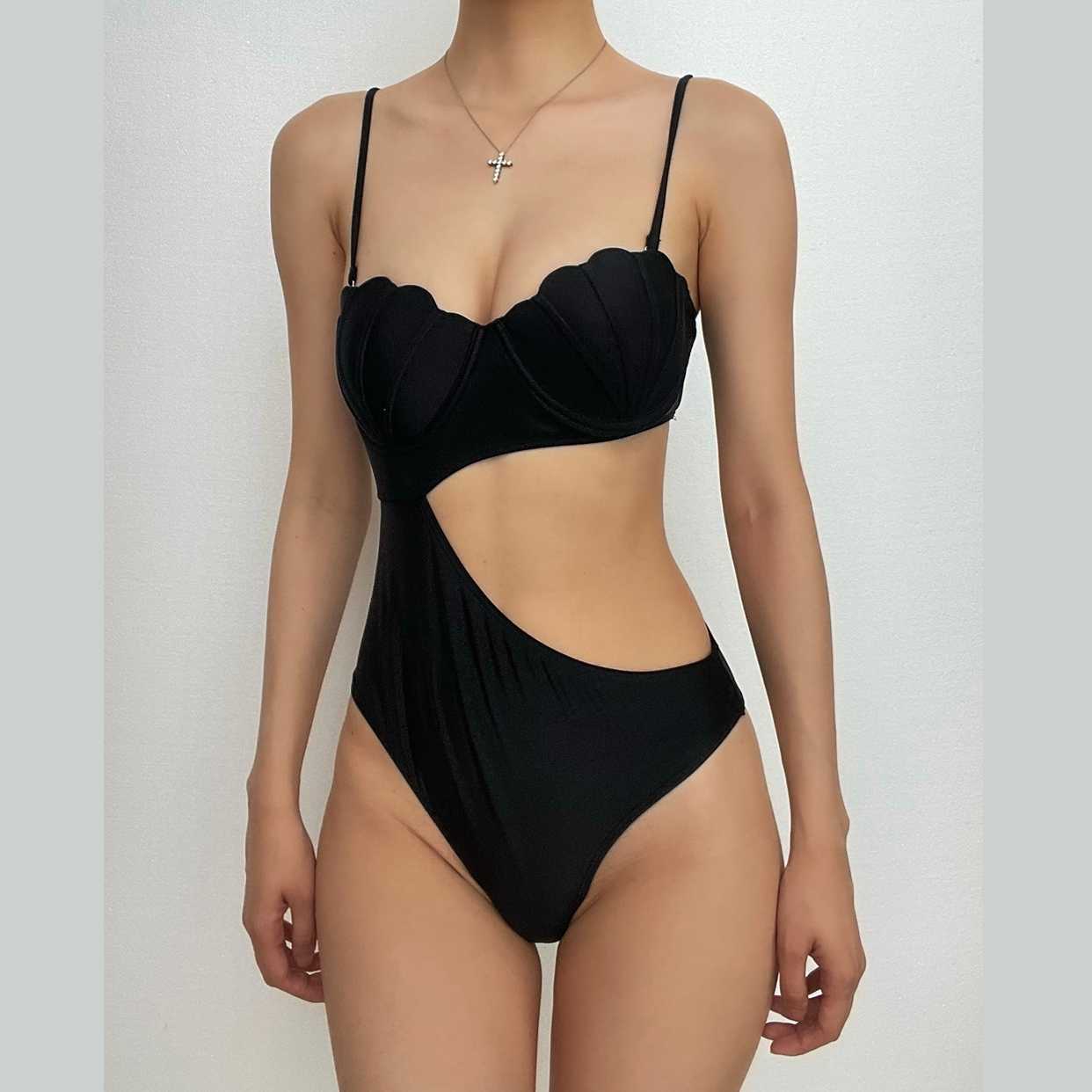 Hollow out solid padded irregular cami one piece swimwear