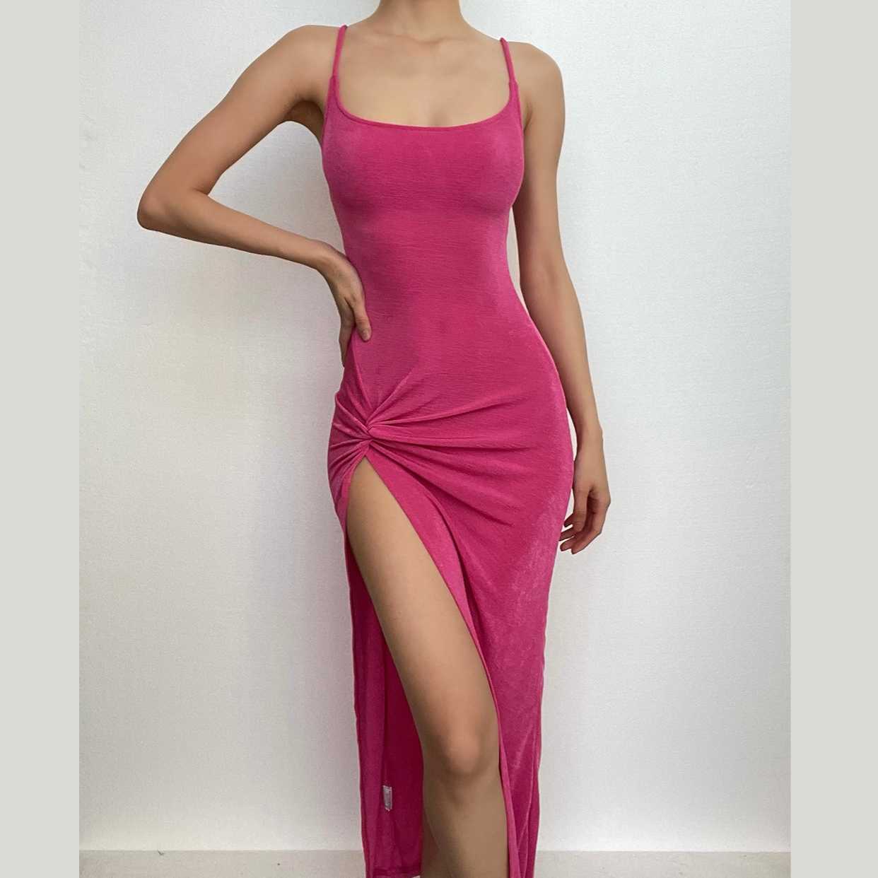 Knotted u neck slit solid irregular backless cami midi dress