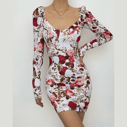 Square neck long sleeve contrast flowers print mini dress